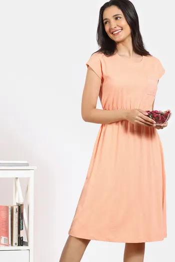Buy Zivame 2 Mile Fashion Knit Cotton Mid Length Nightdress - Apricot Ice
